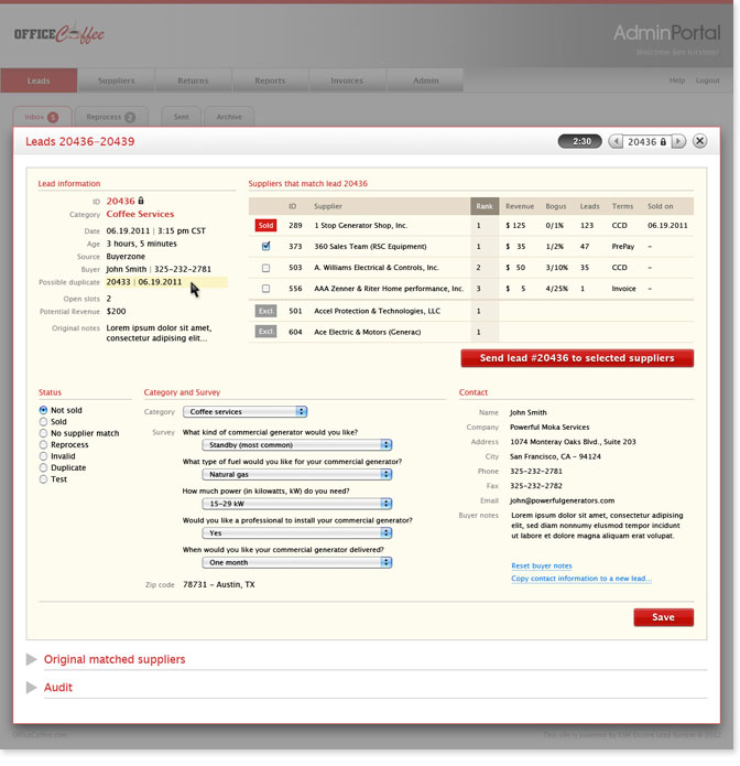 screen shot of the design of the main lead processing interface