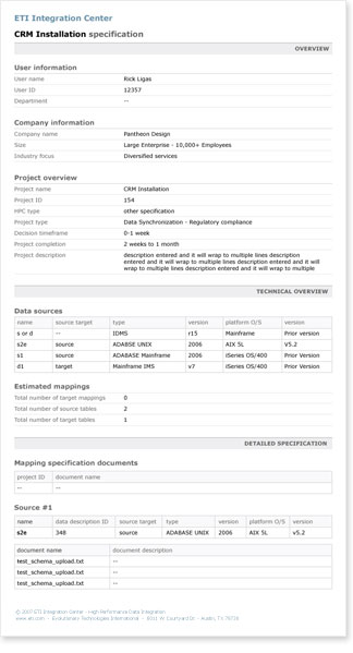 Output report for the ETI Integration Center